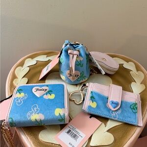 Set of 3 Juicy Blue Gleam Retro Cherry Card Case, Drawstring Micro Bag & Wallet
